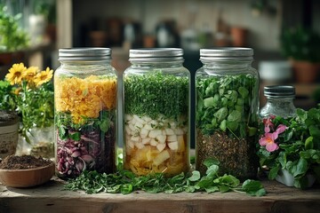 Canvas Print - Four glass jars with different ingredients for a meal, including pasta, herbs, and vegetables.