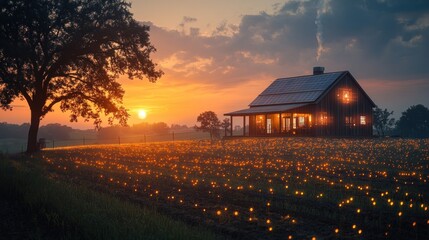 Poster - A lone farmhouse stands in a field of glowing lights at sunset.