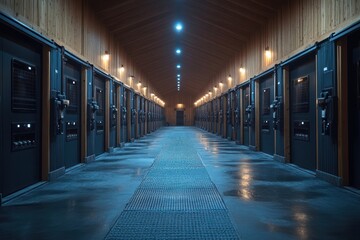 Poster - Long hallway with closed doors in a stable with wooden walls and bright ceiling lights.