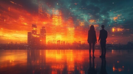 Wall Mural - A silhouette of a couple standing on a rooftop overlooking a futuristic city skyline at sunset, with a colorful, digital sky.