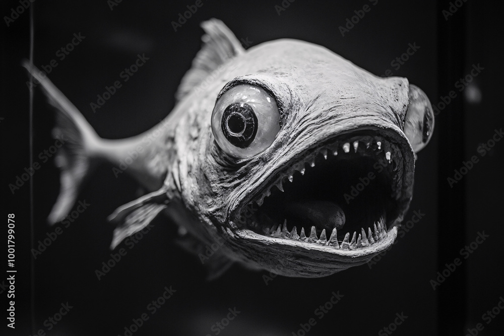 close-up black and white image of a fish with large eyes and sharp ...