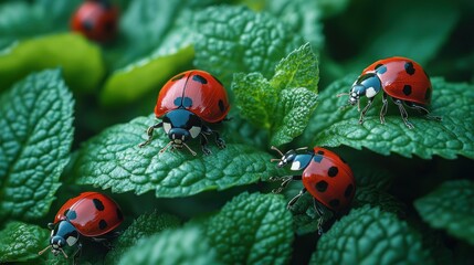 Canvas Print - Close-up of five ladybugs on lush green mint leaves.