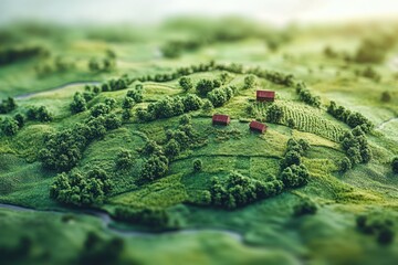 Sticker - Miniature model of a green countryside with two small houses.