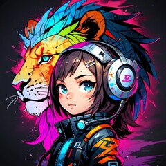 Canvas Print - Digital Art of a Girl with Headphones and a Lion Head