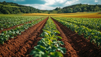 Sticker - A field of green crops in rows with brown soil and a rolling hillside in the background.