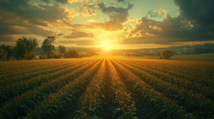 Wall Mural - A picturesque sunset casts a golden glow over a field of corn, with the sun peeking through the clouds and casting long shadows across the rows of plants.