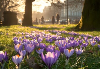 A crocus blooms in Lichtentaler Allee alley, Baden-Baden, Black Forest, Baden-Wurttemberg