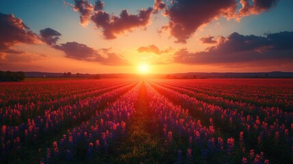 Sticker - A vibrant field of purple wildflowers basks in the golden glow of a breathtaking sunset, casting long shadows across the landscape.