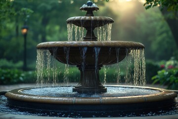 Canvas Print - A two-tiered stone fountain with water cascading down into the pool below, surrounded by lush greenery and a hazy sunrise in the background.