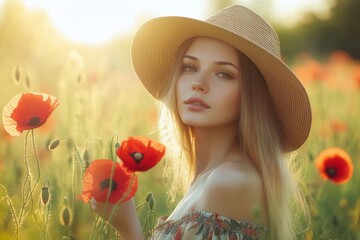 An image of a woman holding flowers against the sunset against a field