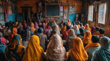 A group of people in traditional clothing are sitting in a classroom, listening to a speaker.