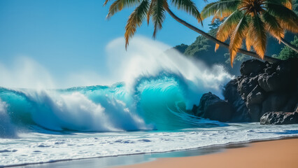 Palm-lined beach with crashing waves