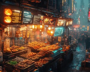 A vibrant street food vendor scene, with holographic menus, glowing neon signs, and a bustling urban backdrop filled with futuristic skyscrapers  Cyberpunk  Neon  High Detail