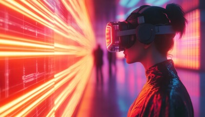 A virtual gallery tour with futuristic, interactive art displays, visitors using VR headsets to explore digital art in a sleek, modern space  Futuristic  3D Render  Neon