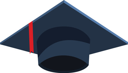 Blue graduation cap with a red ribbon is standing out on a white background