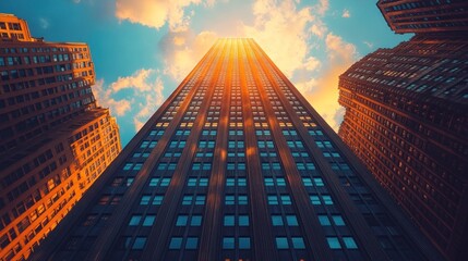 Poster - A low angle view of a skyscraper with the sun shining on its windows.