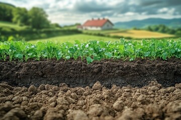 Poster - Young green plants growing in rich brown soil with a farmhouse and green hills in the distance.