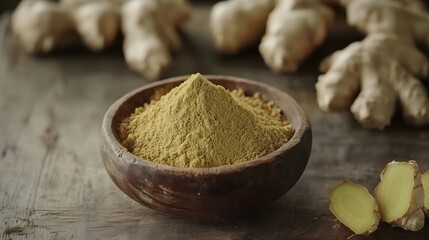 Fresh ginger root and ground ginger powder in wooden bowl.
