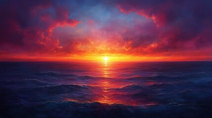 A fiery sunset over a vast ocean with dramatic clouds, casting a warm glow on the water.