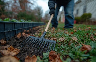 A gardener raking grass near a blue garden bed during springtime to prepare the lawn for new growth and planting activity