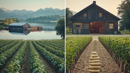 Canvas Print - A rural landscape with a wooden barn and a lake in the distance, surrounded by rows of crops.