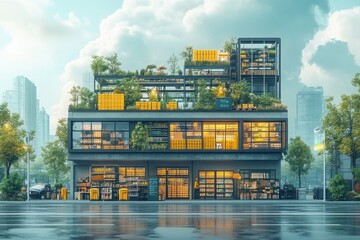 Sticker - A modern, green building with a rooftop garden in a cityscape.