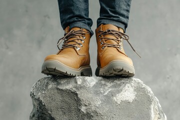 Male walking boots with stones or concrete block on gray background. Autumn stylish leather shoes for adventure or travel. with generative ai