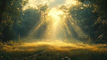 Wall Mural - Sunbeams breaking through the trees in a forest clearing, creating a magical and peaceful atmosphere.