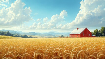 Poster - A red barn stands in a field of golden wheat under a bright blue sky. The field stretches to the horizon, with rolling hills in the distance.