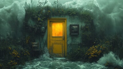 Wall Mural - A yellow door glows in a surreal scene of a house consumed by overgrown foliage and a swirling mist.