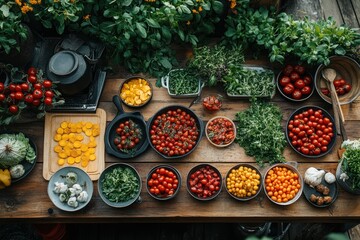 Overhead view of a rustic wooden table with fresh vegetables arranged in bowls, pans, and baskets, ready for cooking.