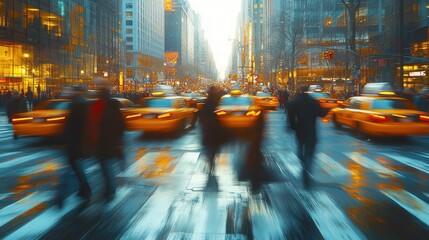 Wall Mural - A motion blur photo of a busy city street with yellow cabs and pedestrians walking.