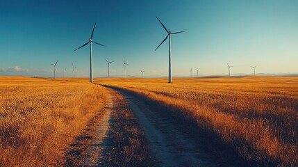 Sticker - A dirt road leads through a golden field of wheat towards a line of wind turbines against a clear blue sky.