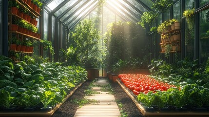 Wall Mural - A greenhouse filled with plants and sunlight streaming through the glass roof.