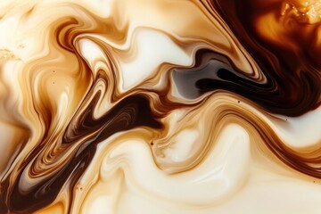Fototapete - Swirls of coffee merging with milk create an abstract pattern in a warm, inviting moment during breakfast preparation. Generative AI