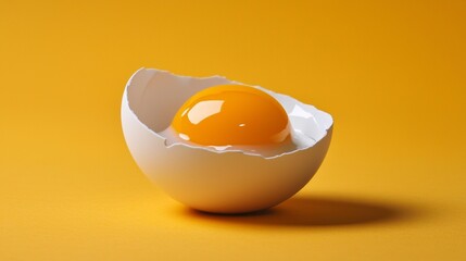 Egg yolk in cracked shell on bright yellow background