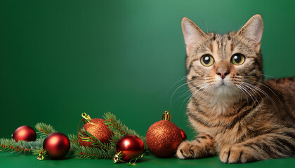 Beautiful tabby cat with christmas decoration on red and green background. copy space for your text and desing