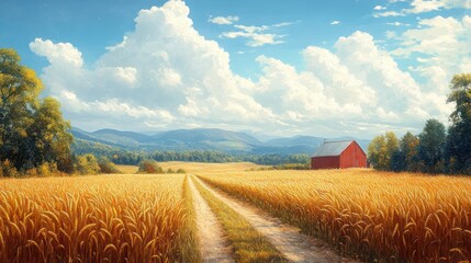 Sticker - A dirt road leads through a field of golden wheat towards a red barn in the distance, with blue sky and fluffy clouds overhead.