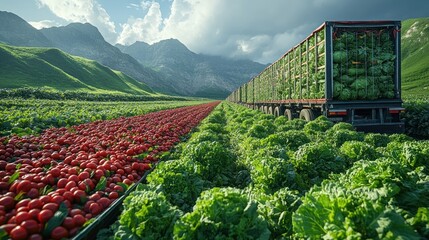 Canvas Print - A truck loaded with cabbages drives through a vast field of red peppers and cabbages, with mountains in the background.