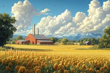 Wall Mural - A picturesque view of a rural farm with a red barn, a field of yellow flowers, and snow-capped mountains in the background, under a bright blue sky with fluffy clouds.