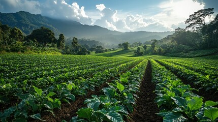 Wall Mural - A vast green field of crops extends towards a mountain range under a bright blue sky with white clouds.