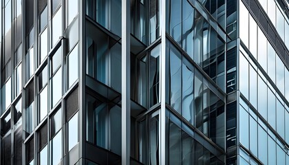 Minimalistic urban architecture featuring a modern steel and glass facade in a close-up view