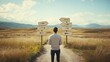 © pinporn manosri - A man standing at a crossroads in a vast open field, looking at multiple directional signs, each pointing in different directions, representing the challenge of making choices