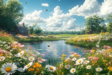 Sticker - A picturesque scene of a small cabin nestled amongst a field of wildflowers, with a clear blue sky and butterflies flying above a serene pond.