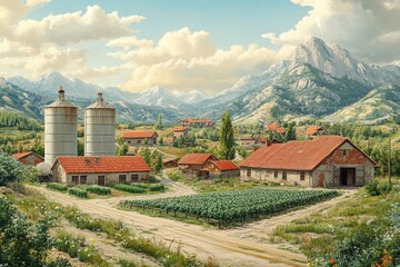 Canvas Print - A picturesque village nestled in a valley, with farm buildings, a dirt road, and snow-capped mountains in the background.