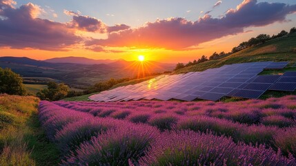 Canvas Print - A field of lavender flowers at sunset with solar panels in the background.