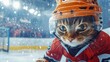 © Ket - Determined cat wearing hockey gear on ice rink with snowfall, focused goalie look, sport theme