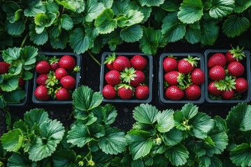 Wall Mural - Rows of fresh ripe strawberries in black plastic containers nestled amongst green strawberry plants in a field.