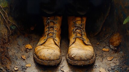 Sticker - Muddy Boots in the Forest: A Close-Up View of Nature