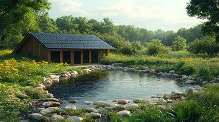 Wall Mural - A small wooden cabin with a solar panel roof sits on a grassy meadow near a small pond.